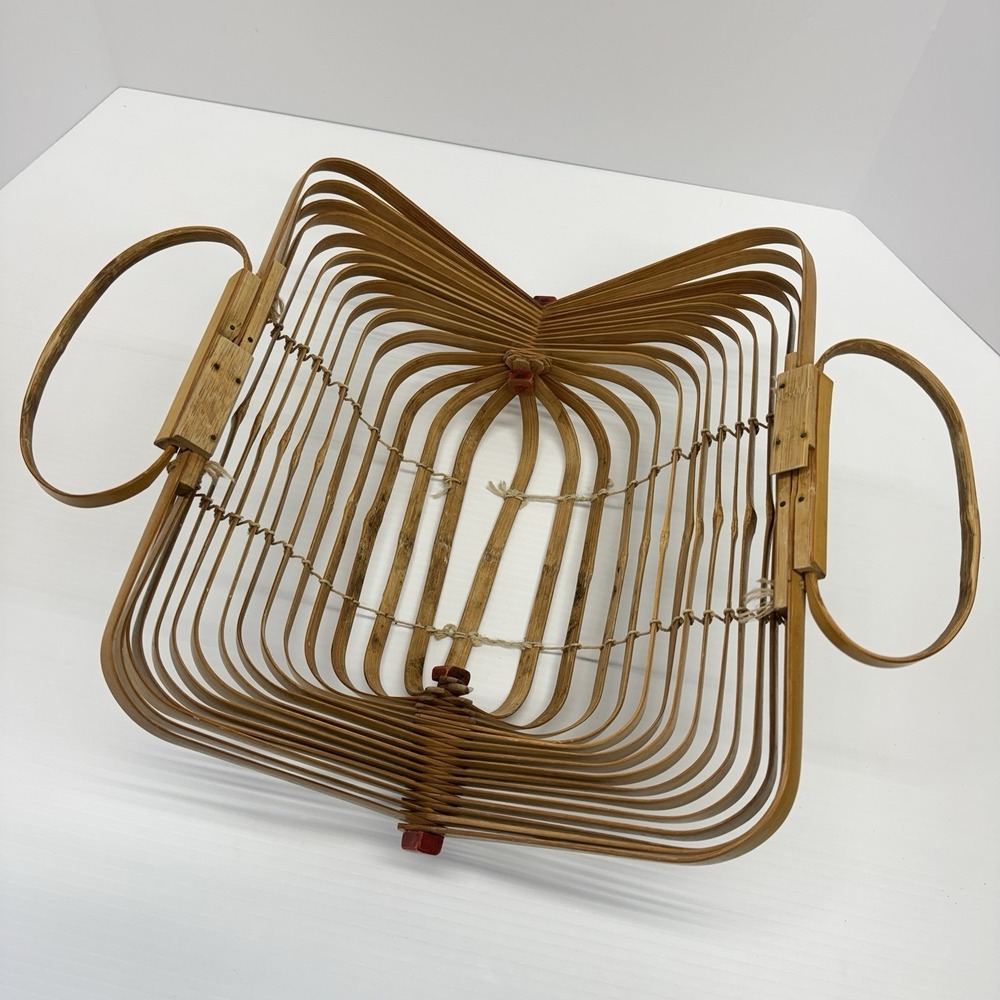1940s 50s Japanese Bamboo Folding Purse Basket Bag Cage Bag Unique - Picture 4 of 7
